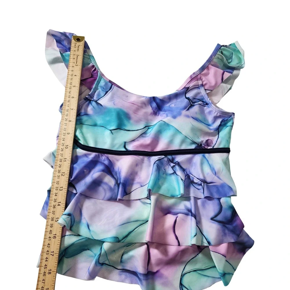 Justice Girls Purple Blue Marble Swirl Ruffle Tankini Swimsuit Set XL 16/18